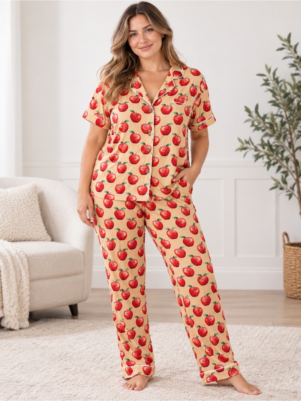 Posh Peanut Apple Print Bamboo Pajama Set XL Button Front Pants